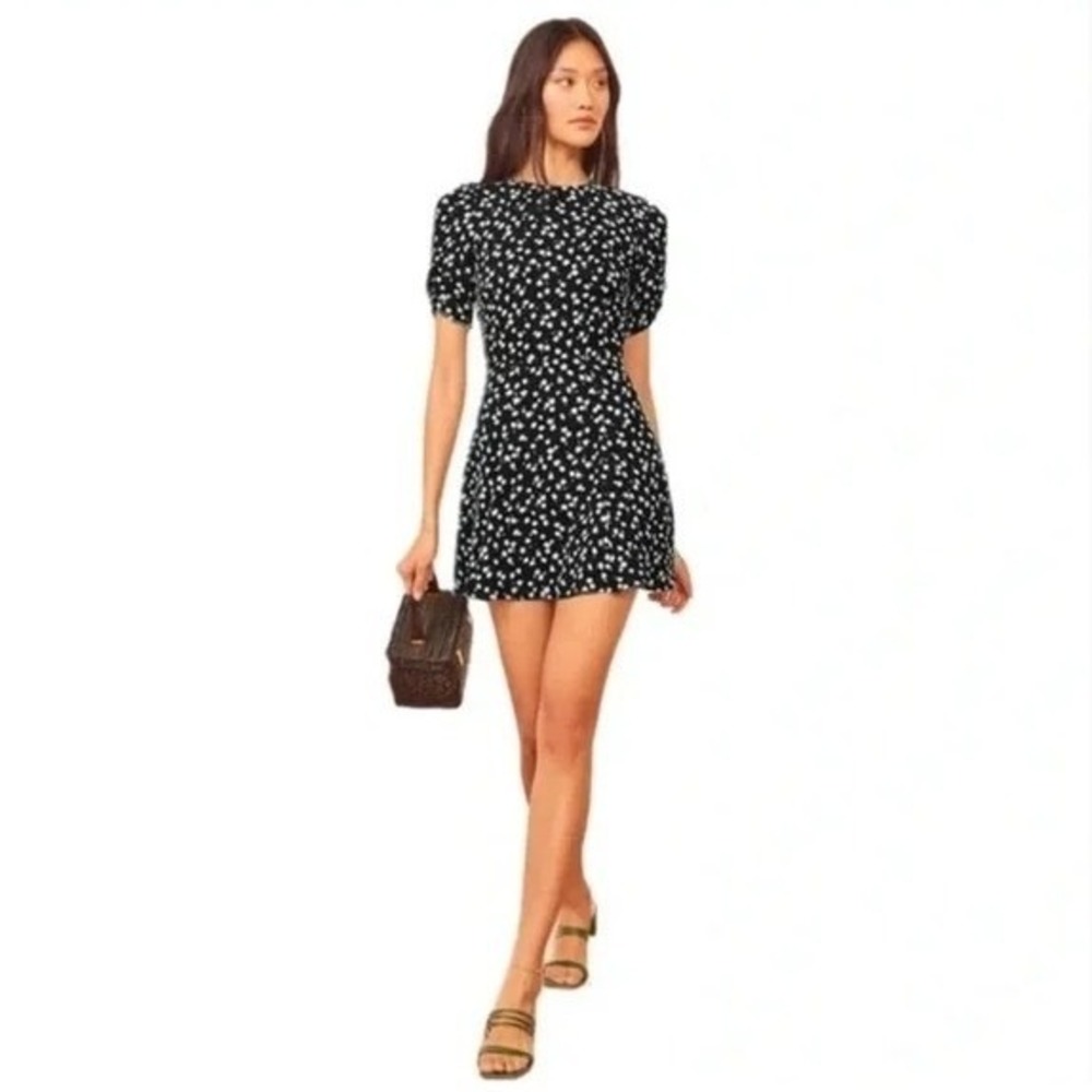 Reformation Gracie Black White Floral Mini Dress Short Sleeve Fit Flare 0